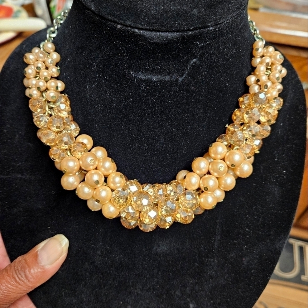 Vintage Faux Honey-colored Cluster Pearls & Glass Beads Statement Necklace